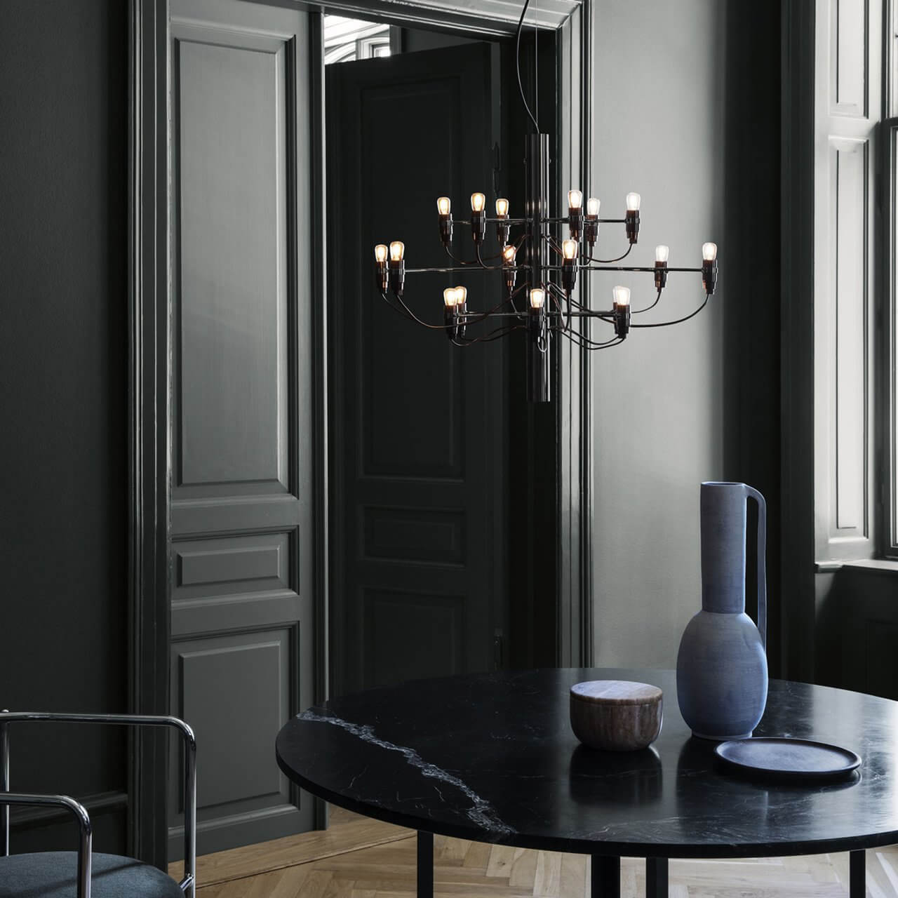 Matte Black Metal Chandelier — Modern Sculptural Statement