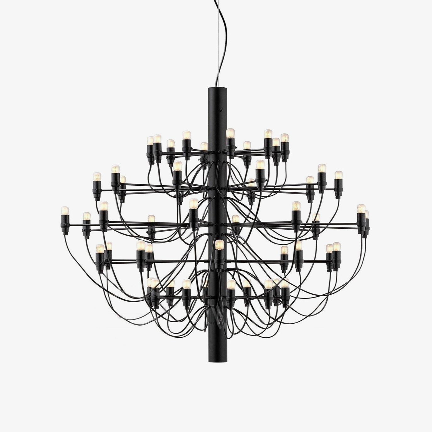 Matte black metal tiered chandelier with exposed bulbs, modern minimalist style, Lumotrot