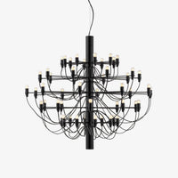 Matte black metal tiered chandelier with exposed bulbs, modern minimalist style, Lumotrot