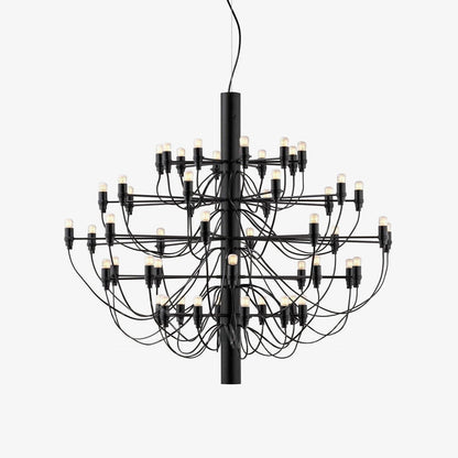 Matte black metal tiered chandelier with exposed bulbs, modern minimalist style, Lumotrot