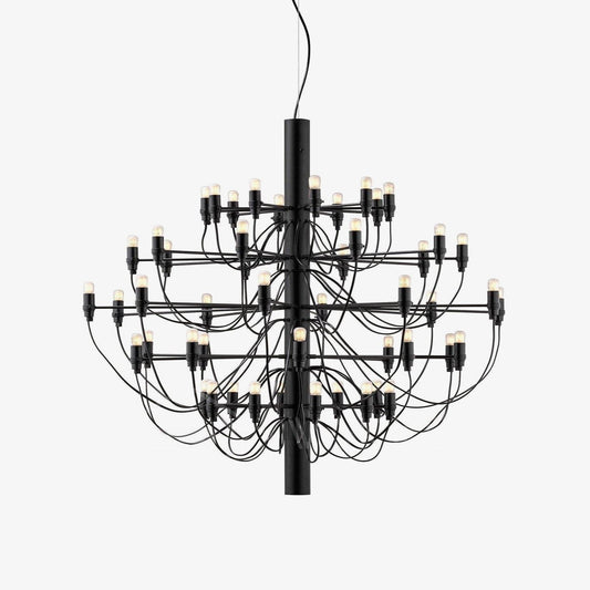 Matte black metal tiered chandelier with exposed bulbs, modern minimalist style, Lumotrot