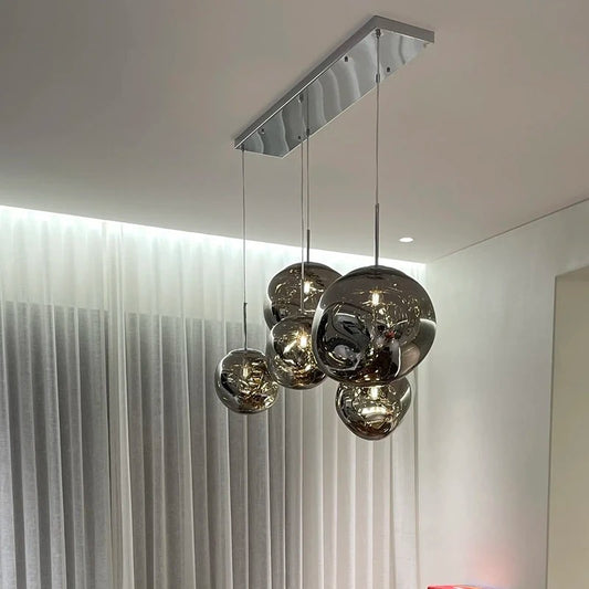 Melt Ball Pendant Light Chrome Mirror Cluster Chandelier 7-Globe Hanging Ceiling Lamp – Amber Glass Globe