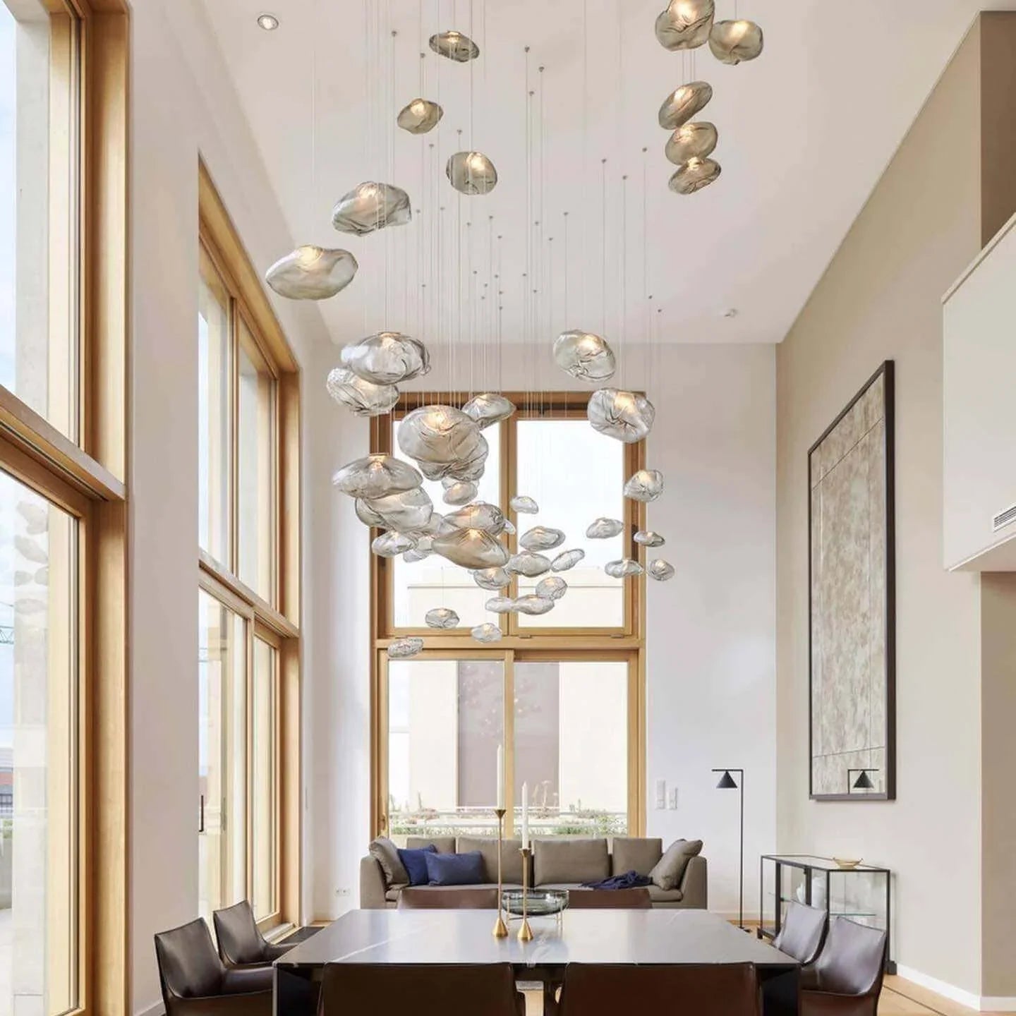 Ethereal lighting ambiance in a modern living room with pendant light
