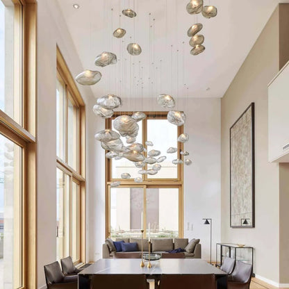 Ethereal lighting ambiance in a modern living room with pendant light