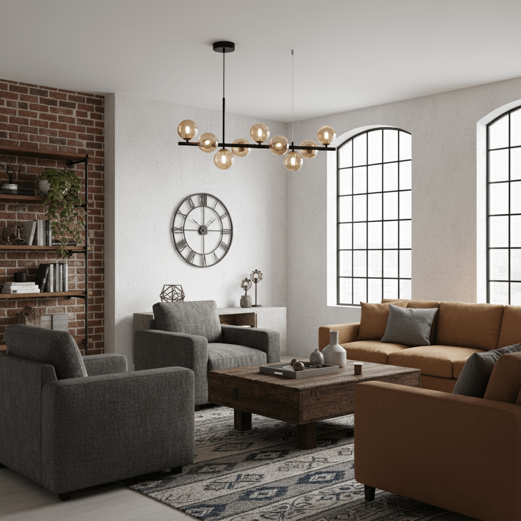 Living room ambiance with linear smoked glass chandelier