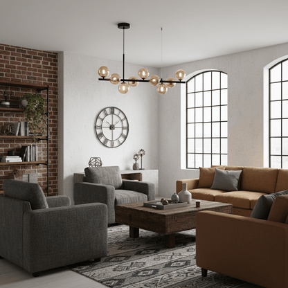 Living room ambiance with linear smoked glass chandelier