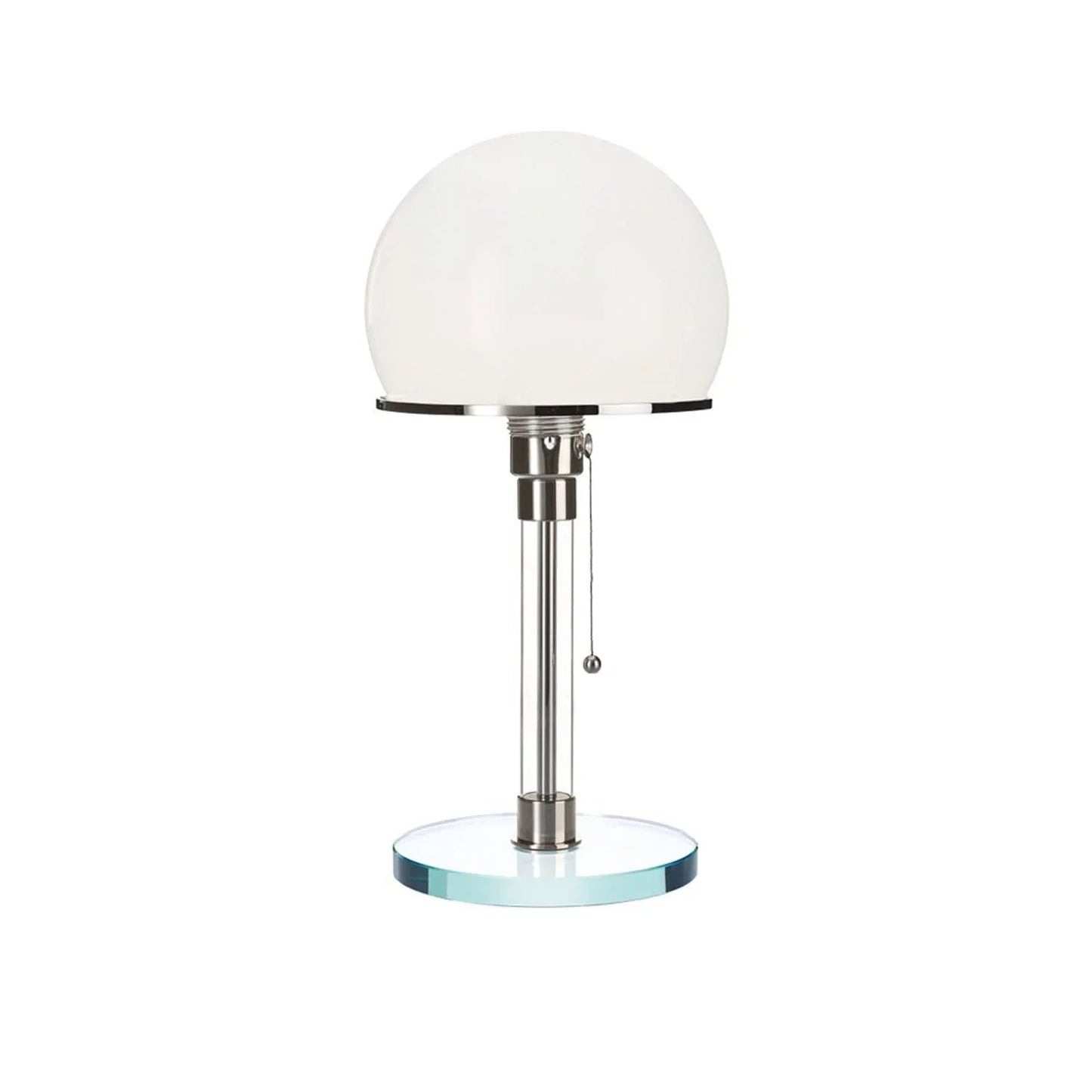 Opal glass dome table lamp with nickel finish and clear glass base by Lumotrot