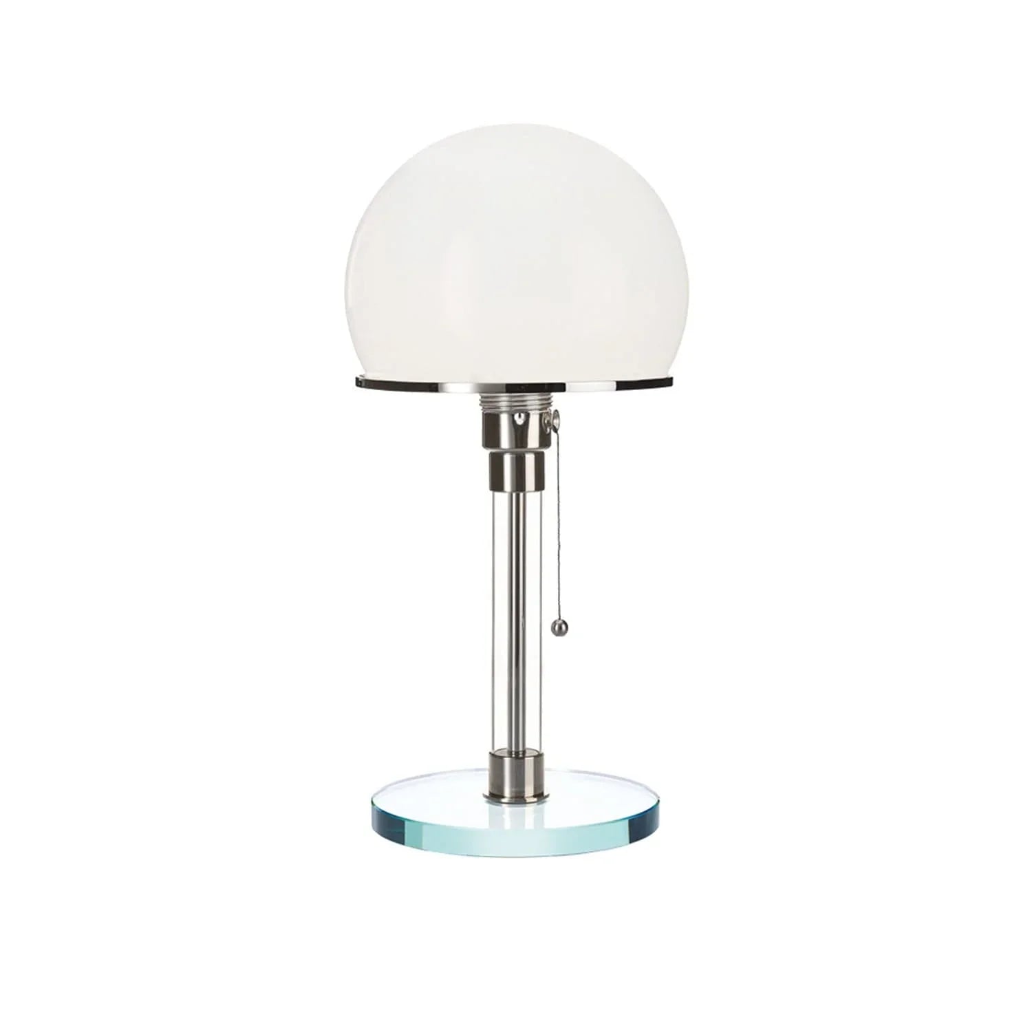 Opal glass dome table lamp with nickel finish and clear glass base by Lumotrot