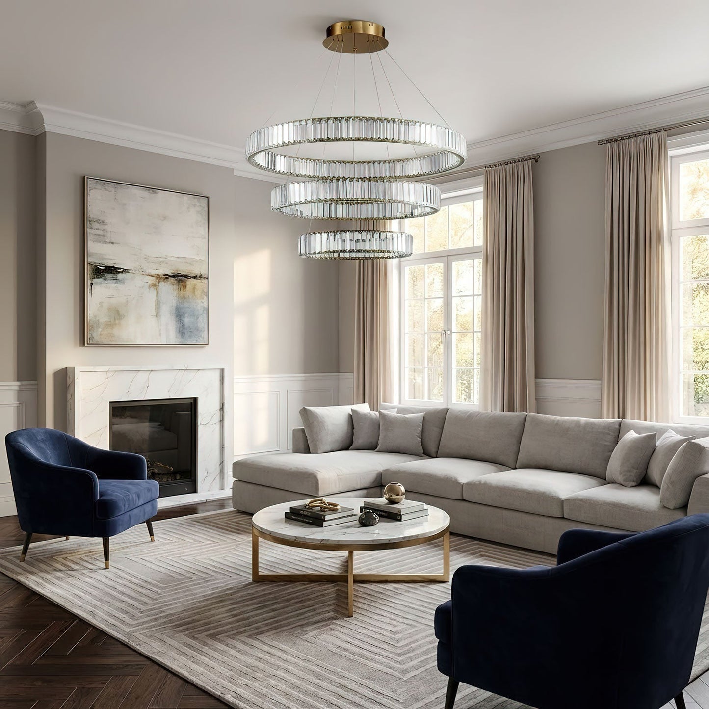 Elegant living room illuminated by a gold crystal ring chandelier