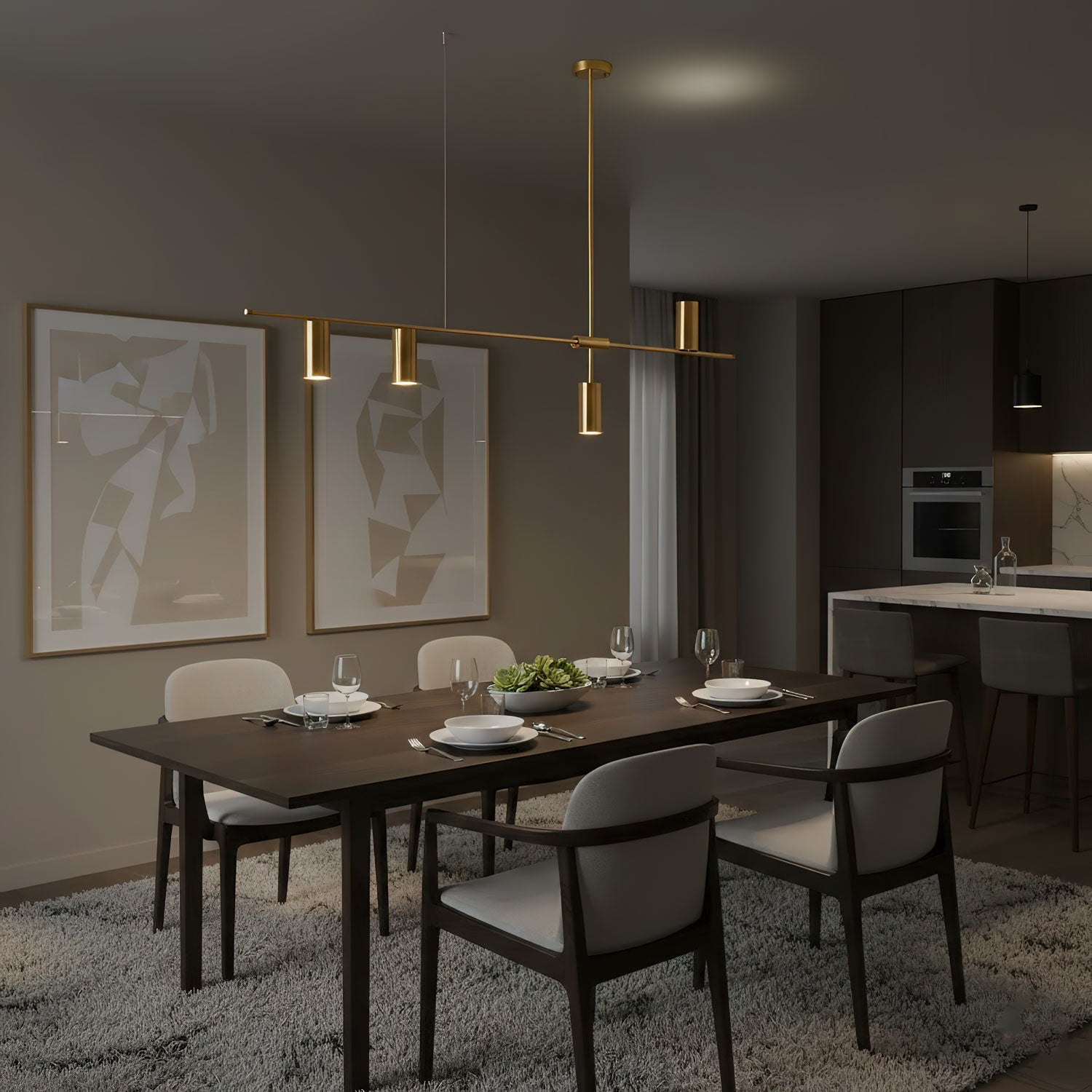 Modern dining room ambiance with a brushed brass linear pendant light overhead