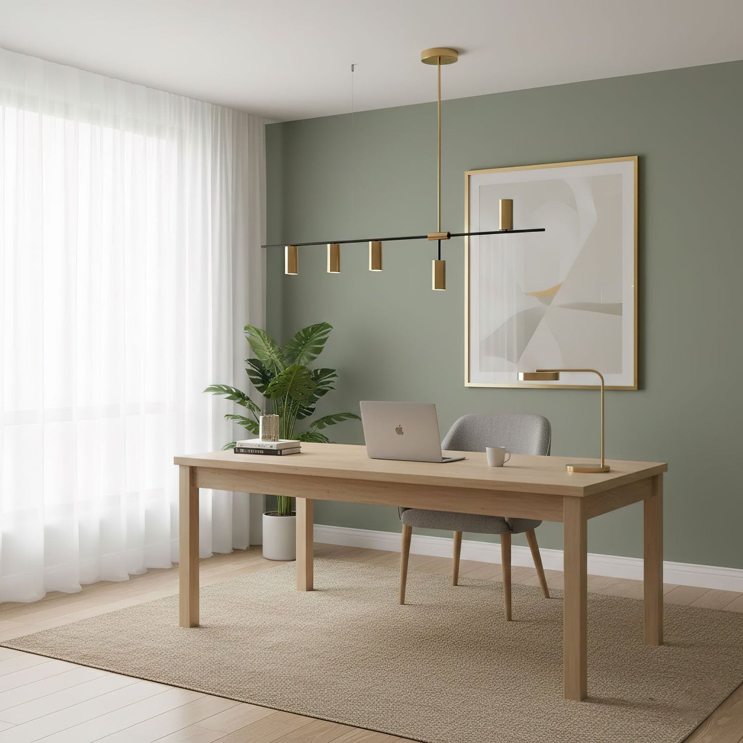 Geometric linear silhouette of a brass and black pendant light fixture