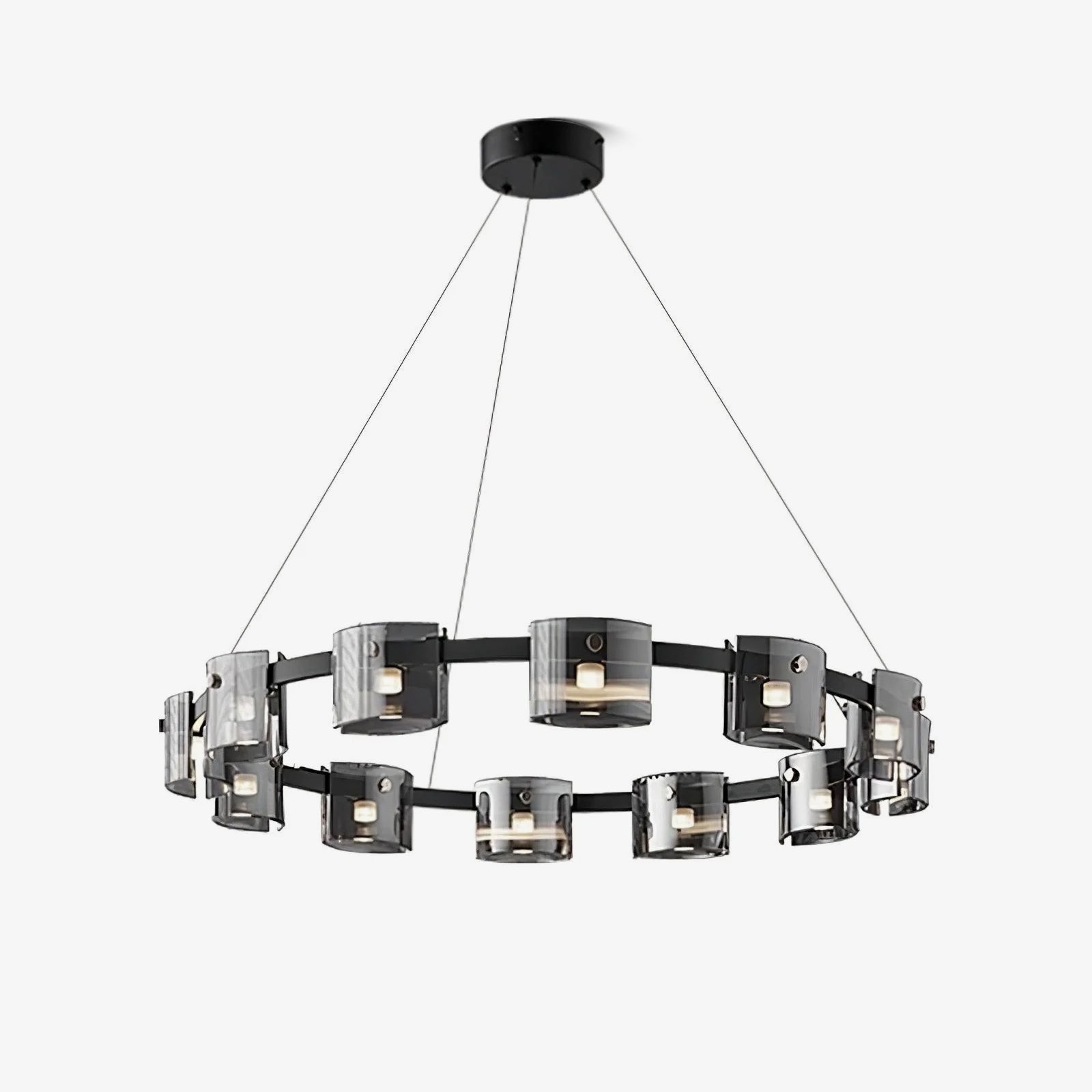 Smoked glass and matte black metal art deco chandelier Lumotrot
