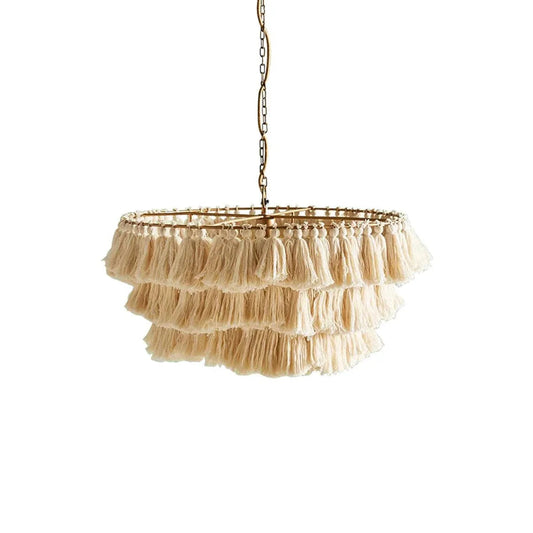 Tiered fabric tassel chandelier with antique brass finish for bohemian style living rooms, Lumotrot