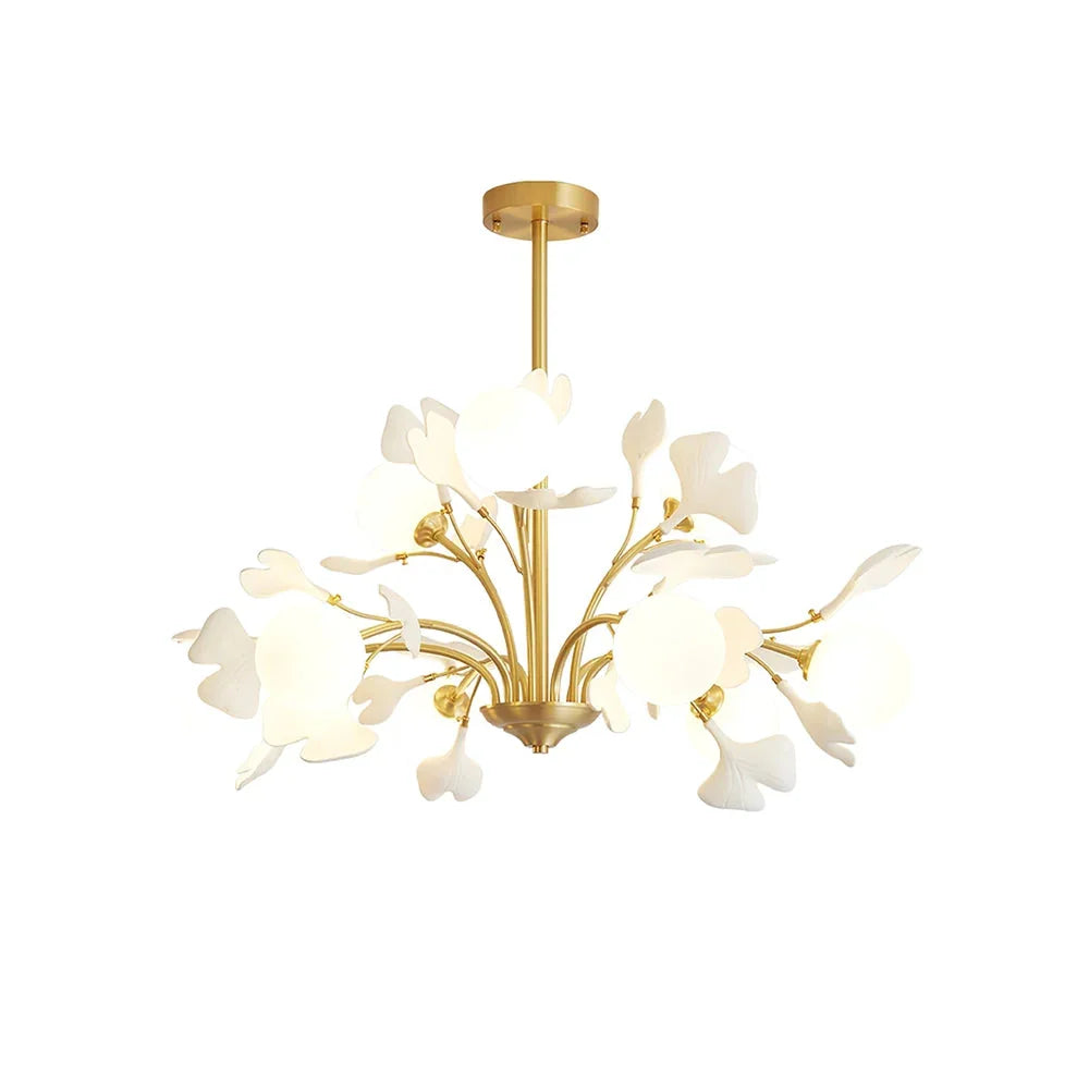 Ceramic leaf chandelier with brass accents and frosted globes Lumotrot