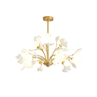 Ceramic leaf chandelier with brass accents and frosted globes Lumotrot