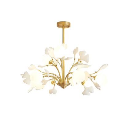 Ceramic leaf chandelier with brass accents and frosted globes Lumotrot
