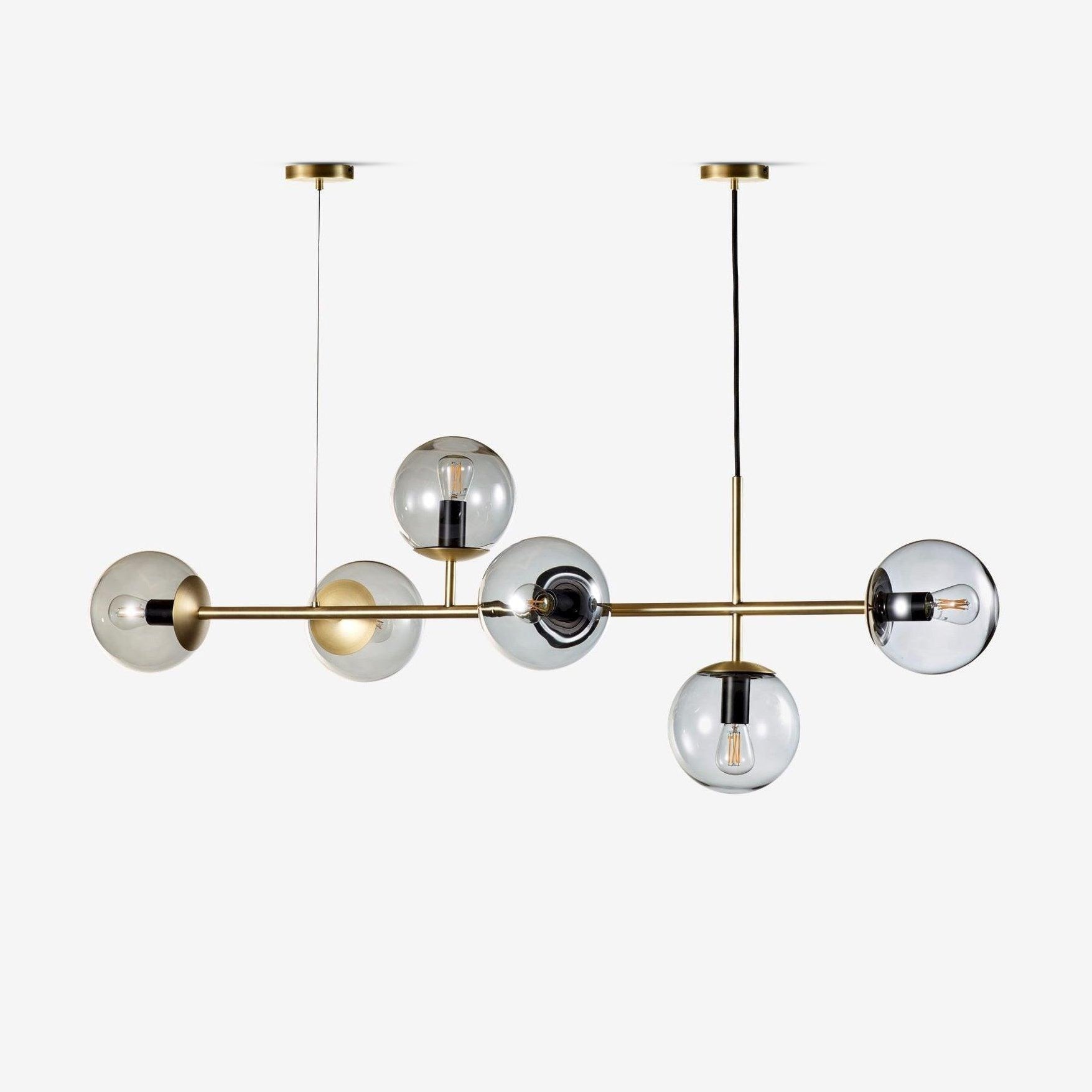 Brass and blown glass orb chandelier with linear silhouette by Lumotrot