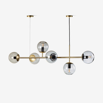 Brass and blown glass orb chandelier with linear silhouette by Lumotrot