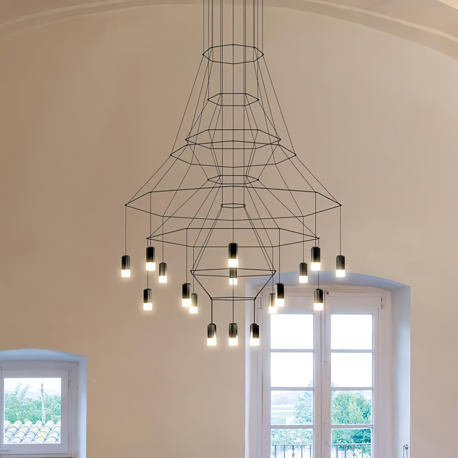 Close-up of matte black metal wire details on geometric chandelier