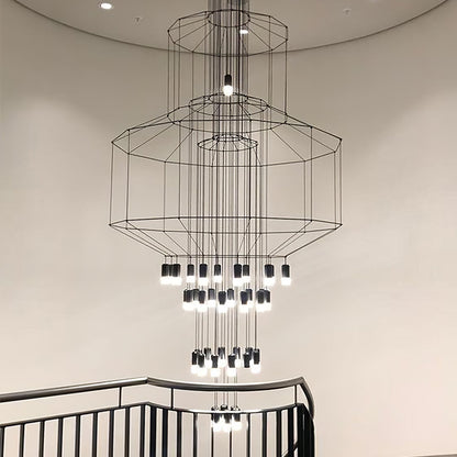 Installation view of the geometric wire frame chandelier scale