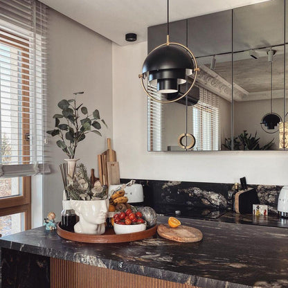 Living room atmosphere with unique brass pendant light