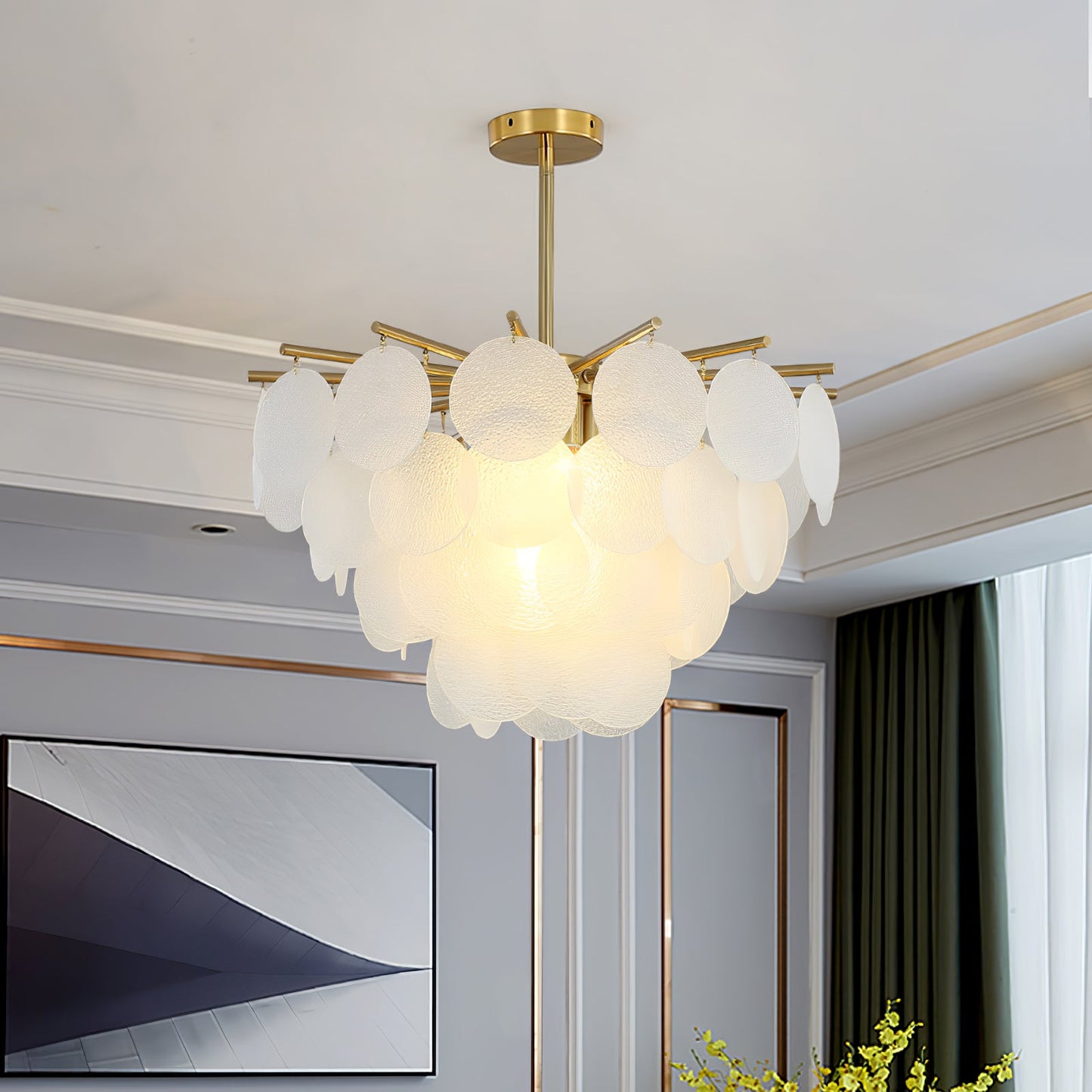 Close-up of textured blown glass discs on chandelier