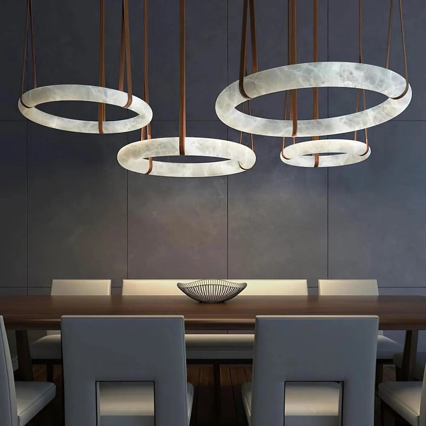 The unique ring silhouette of the Oslo Alabaster Pendant Light