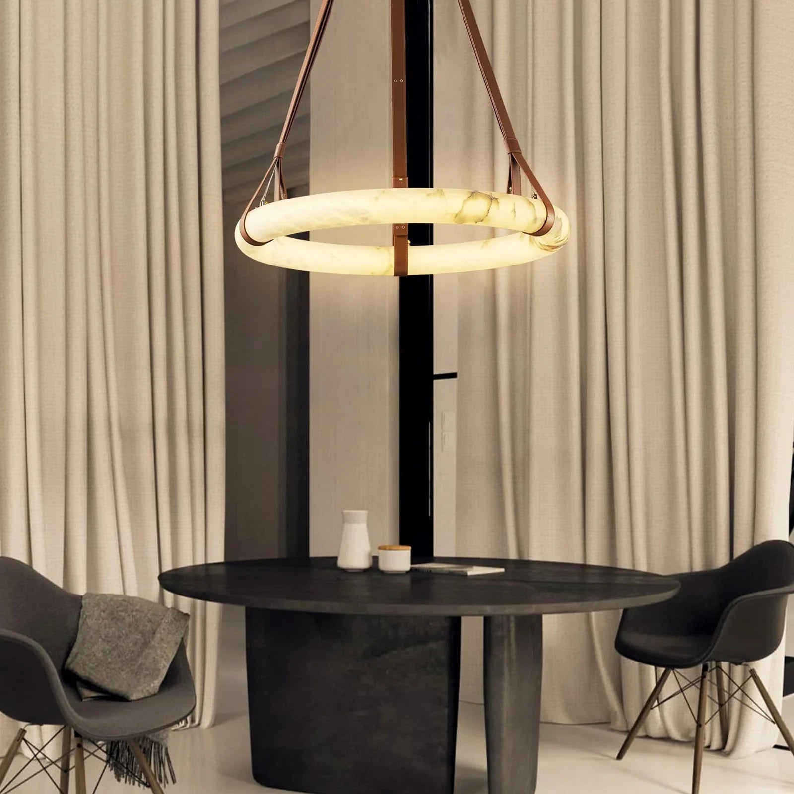Installation detail of the Oslo Alabaster Pendant Light with leather straps