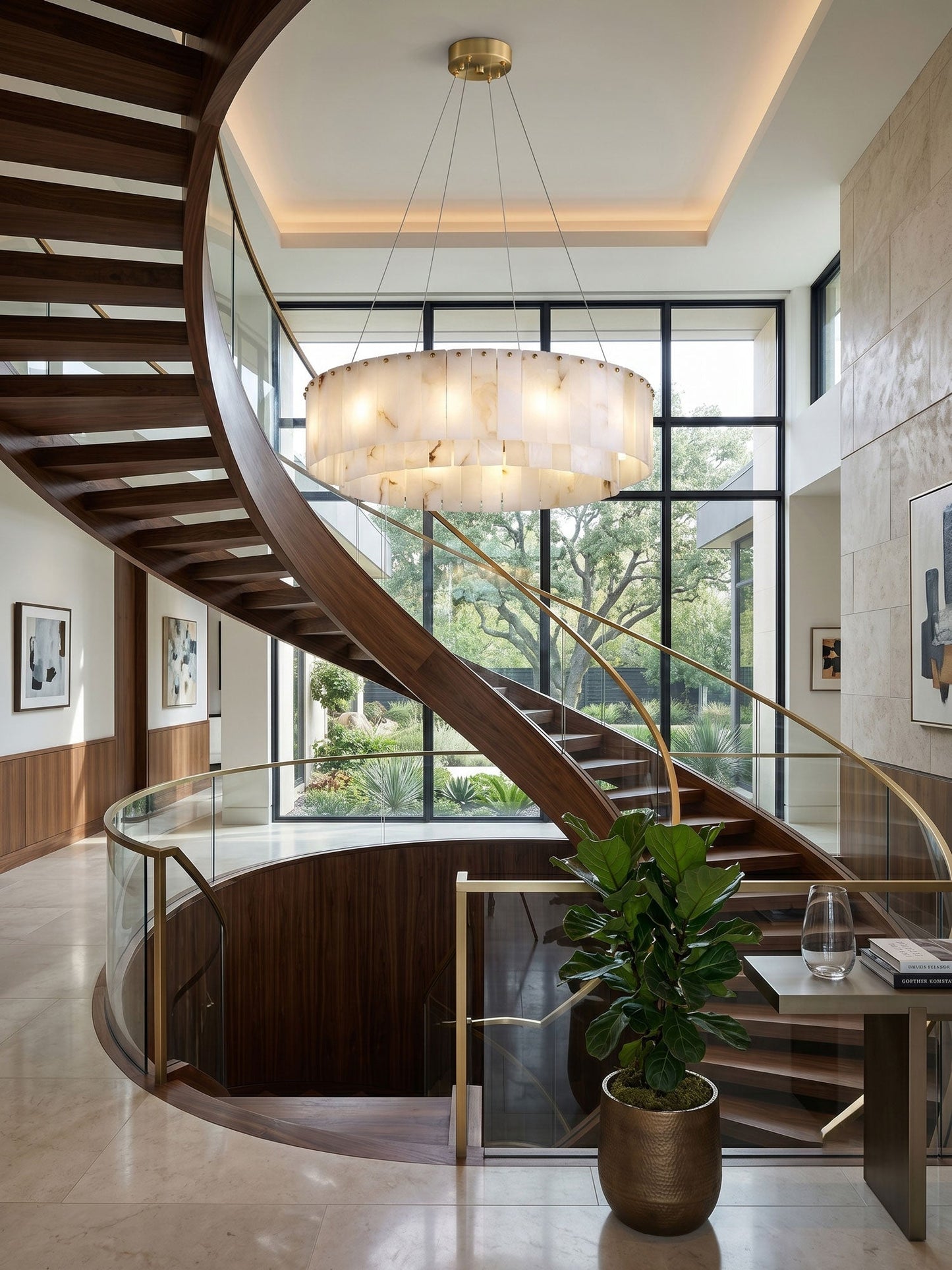 Unique tiered circular silhouette of the alabaster chandelier