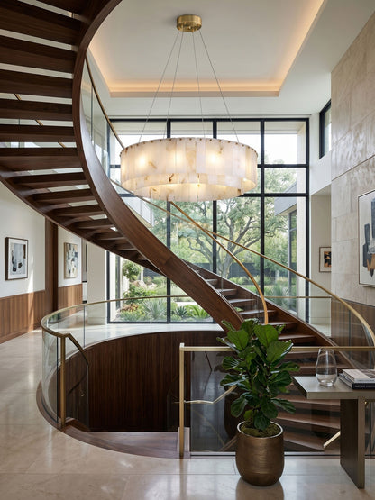 Unique tiered circular silhouette of the alabaster chandelier