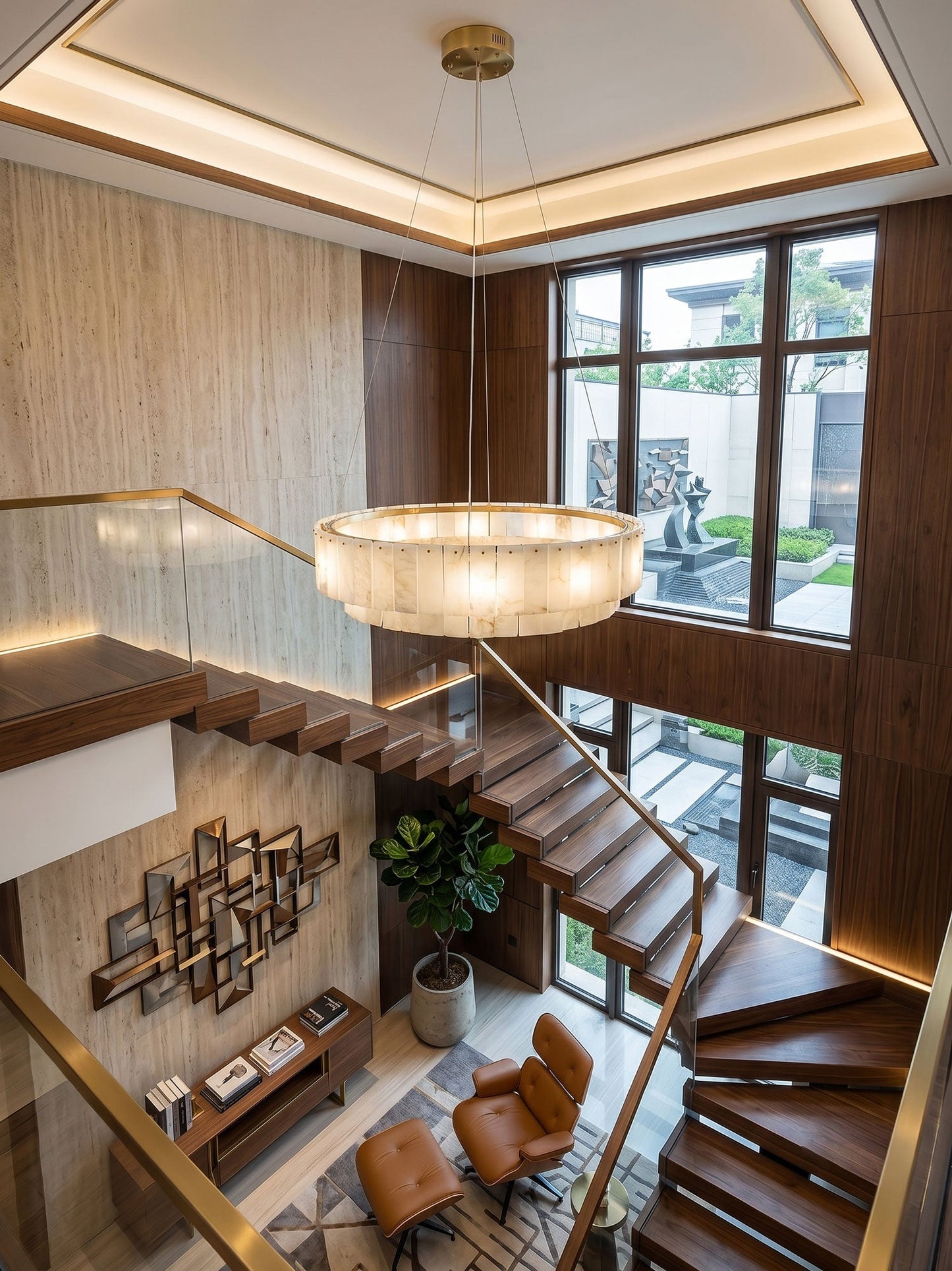 Brass canopy and suspension cables for the alabaster chandelier