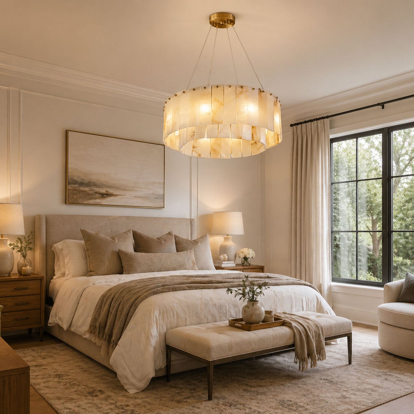 Chandelier casting a warm, inviting glow in a sophisticated living space