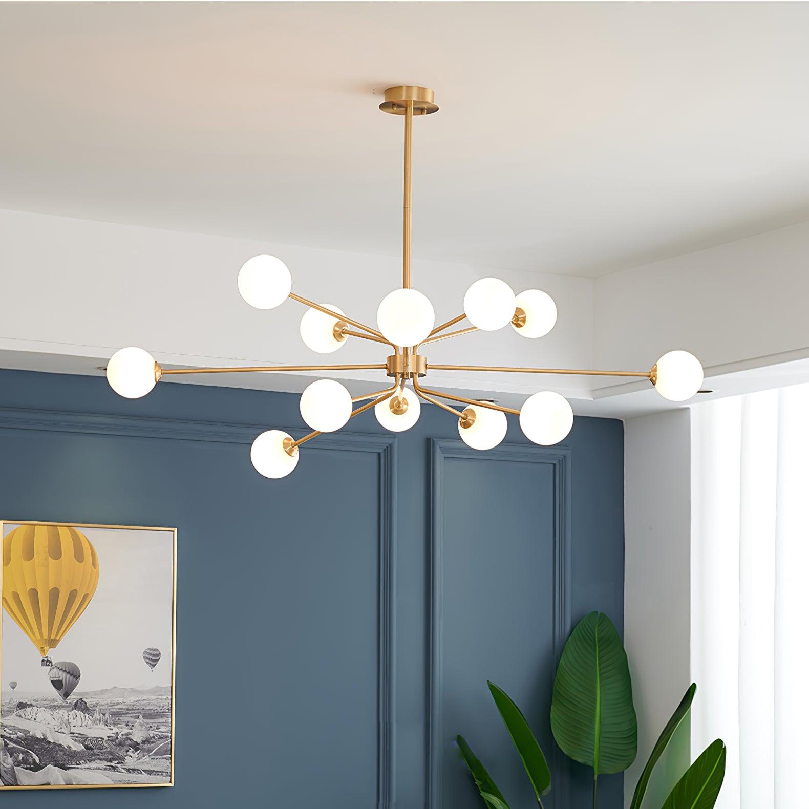 Living room ambiance created by a brass Sputnik chandelier