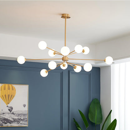 Living room ambiance created by a brass Sputnik chandelier
