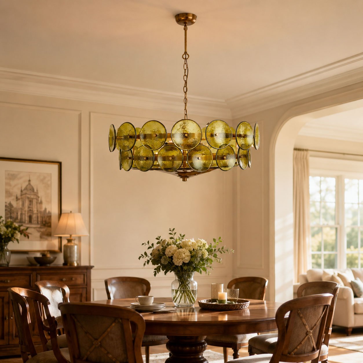 Living room ambiance with a warm amber glass disc chandelier