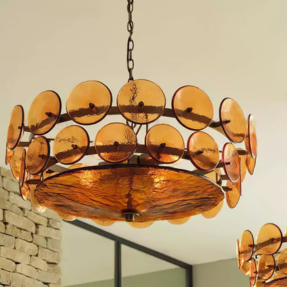 Glass Disc Chandelier — Warm Amber Glow