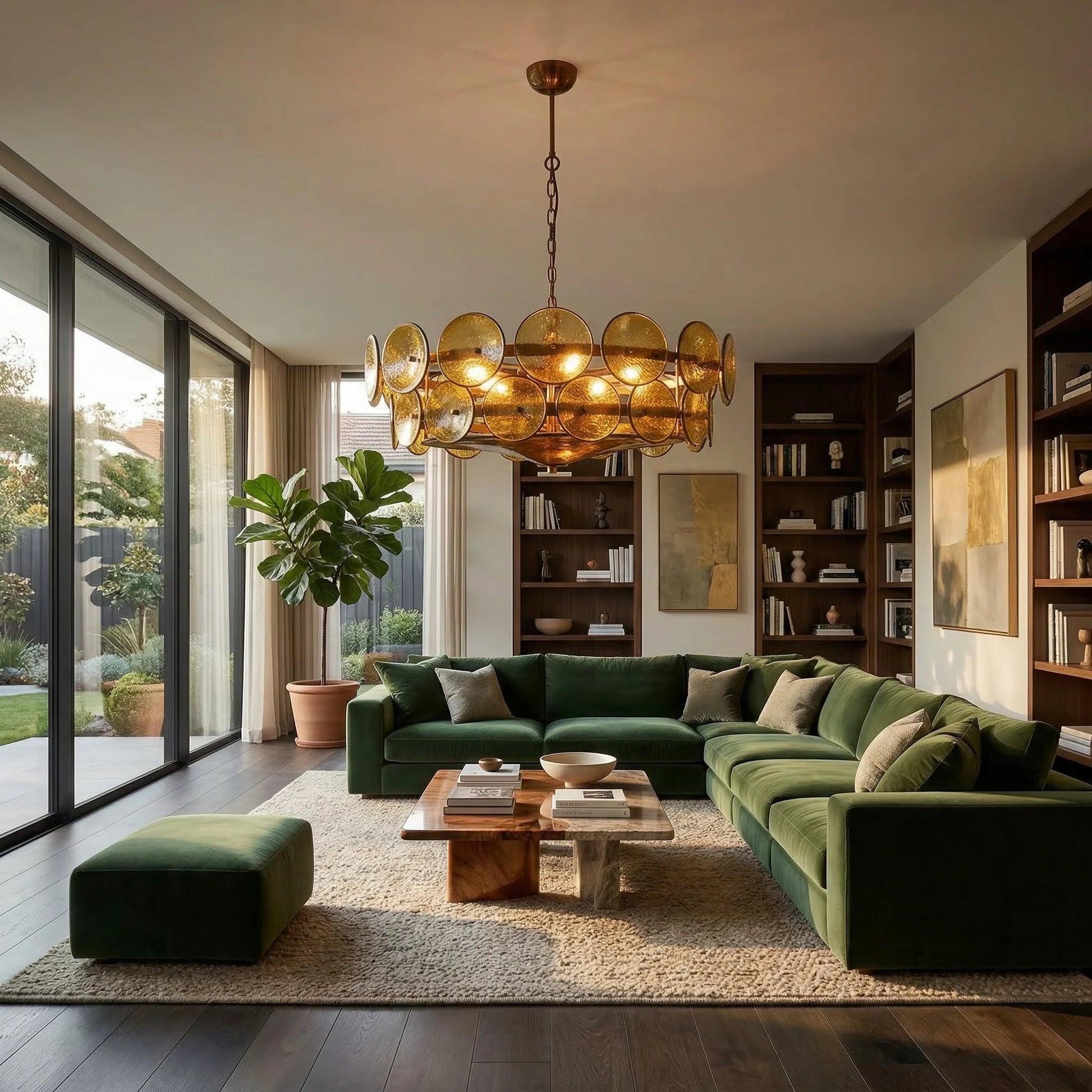 Glass Disc Chandelier — Warm Amber Glow