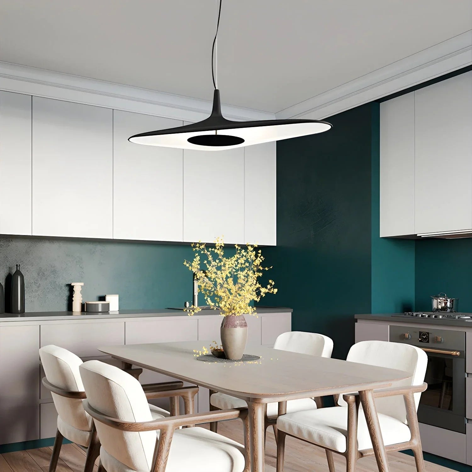 Living room ambiance with a suspended matte black disc pendant light