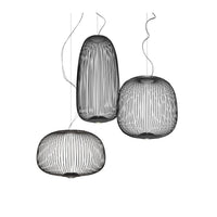 Black wire mesh pendant light set in sculptural organic shapes by Lumotrot