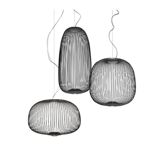 Black wire mesh pendant light set in sculptural organic shapes by Lumotrot