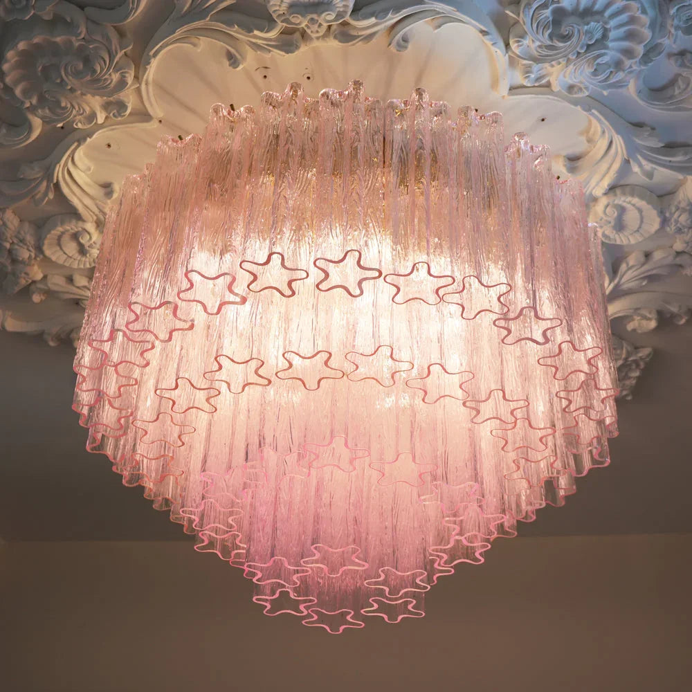 Tiered silhouette of the pink glass ceiling light