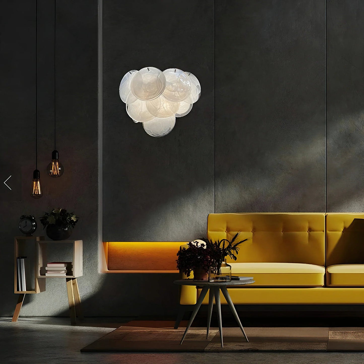 Ethereal ambiance created by the glass disc wall sconce in a stylish room