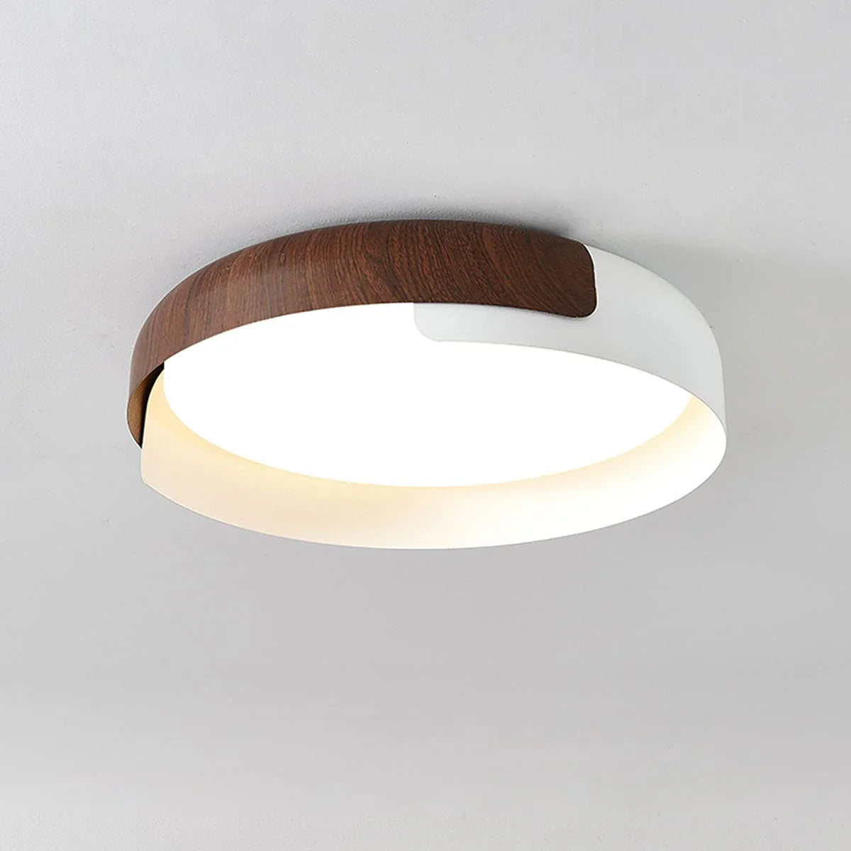 Close-up of the realistic wood grain finish on the metal ceiling light