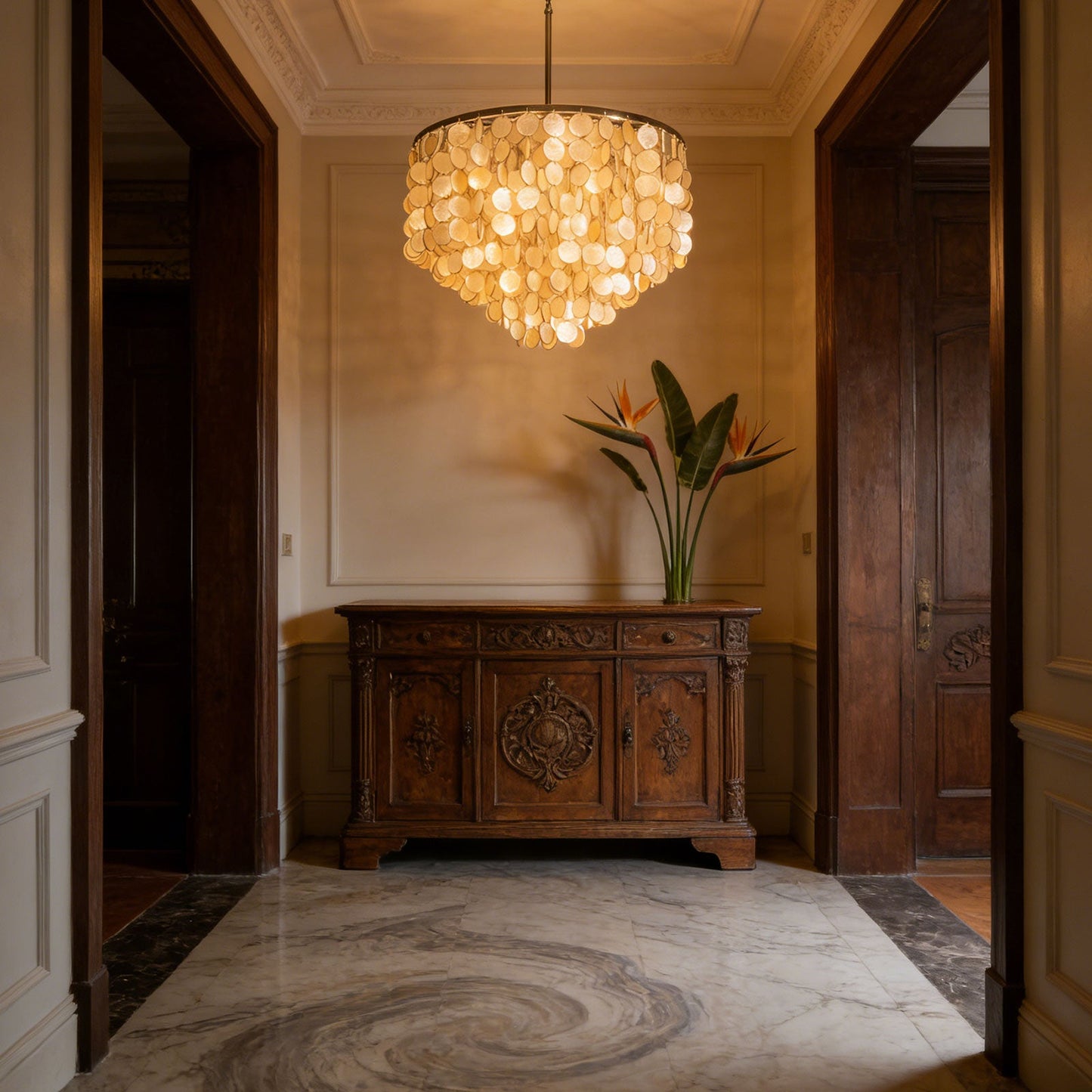 Cascading disc silhouette of the capiz shell pendant light
