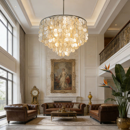 Close-up of iridescent capiz shell discs on Lumotrot chandelier
