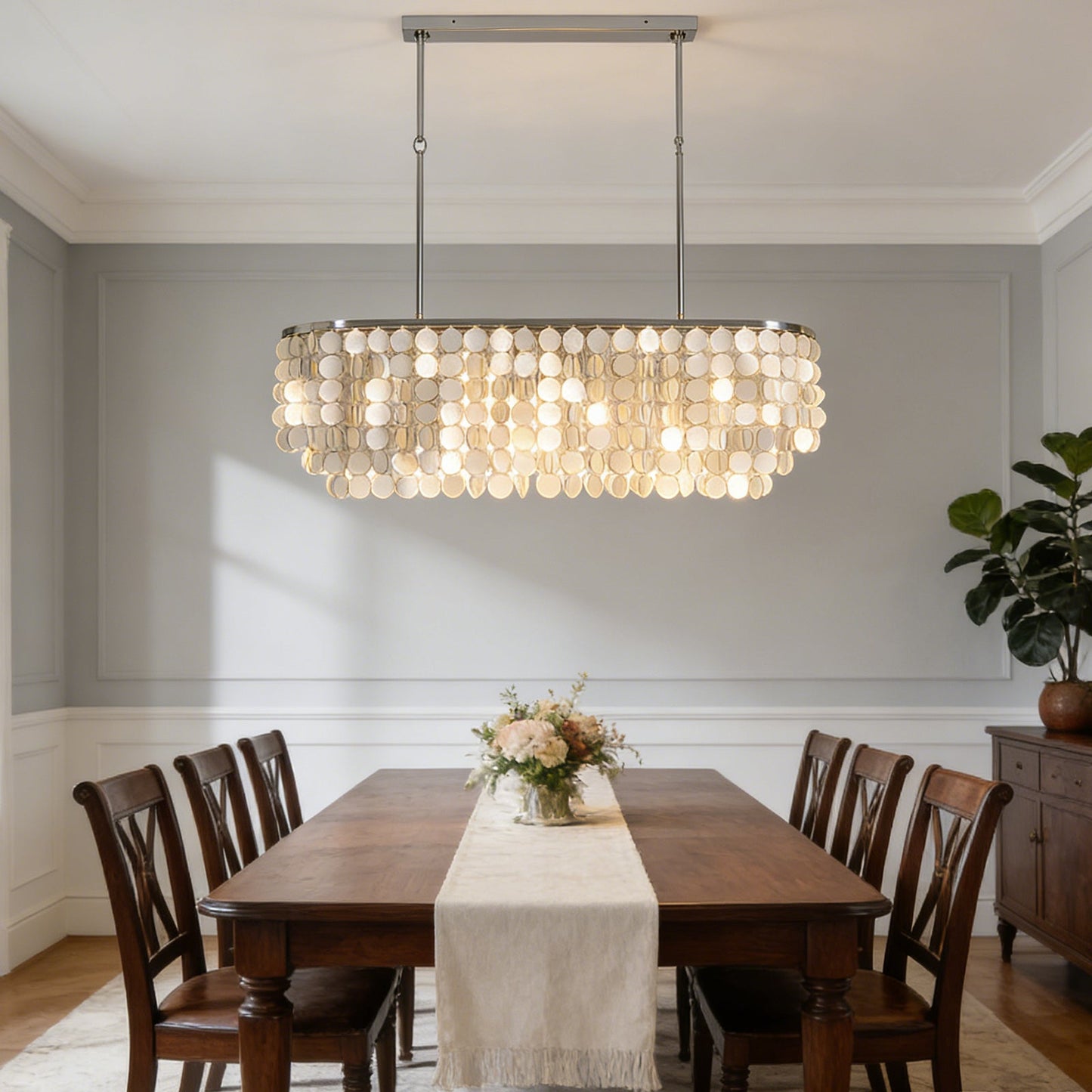 Rectangular cascade silhouette of the Capiz shell chandelier