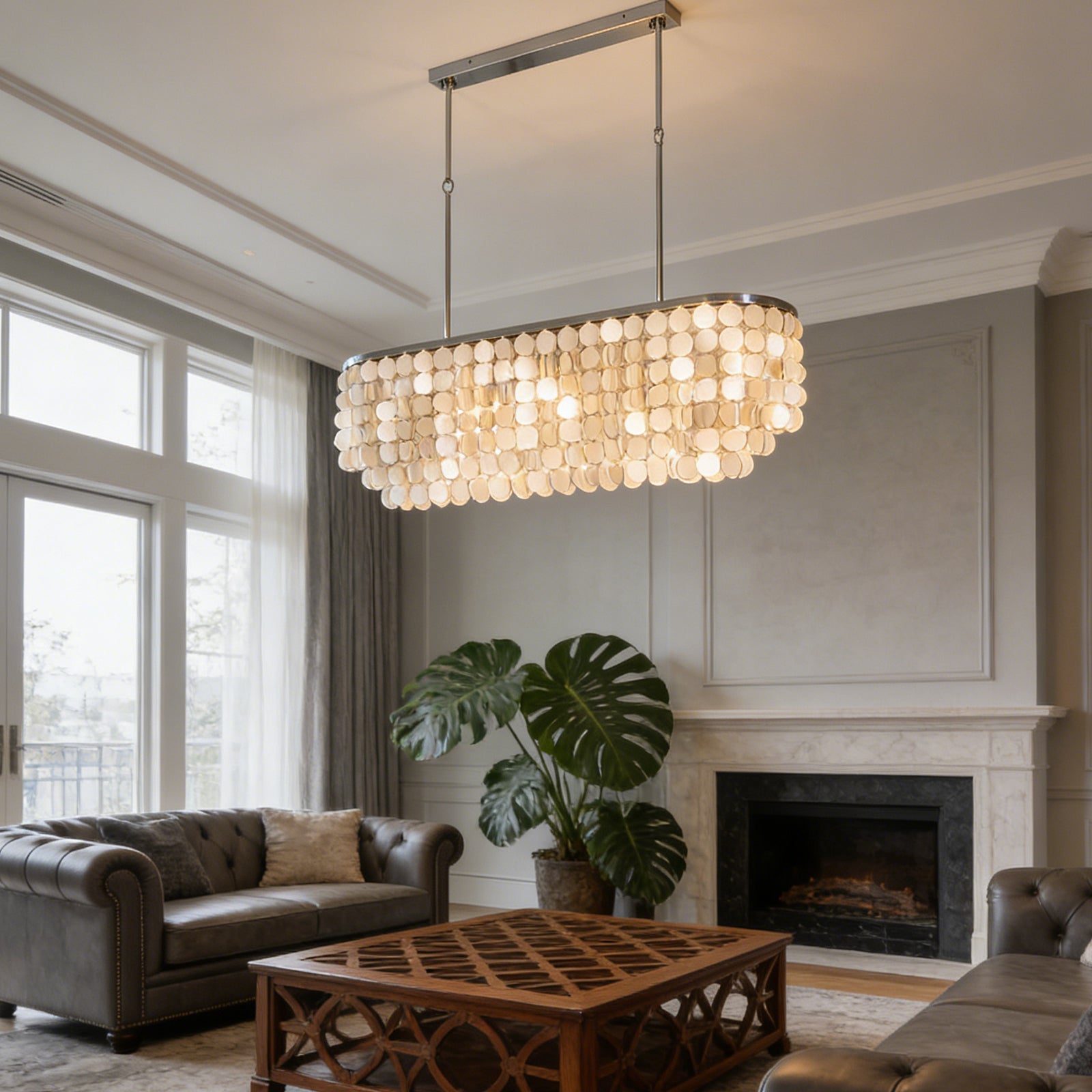 Hanging detail and scale of the Capiz shell chandelier for installation