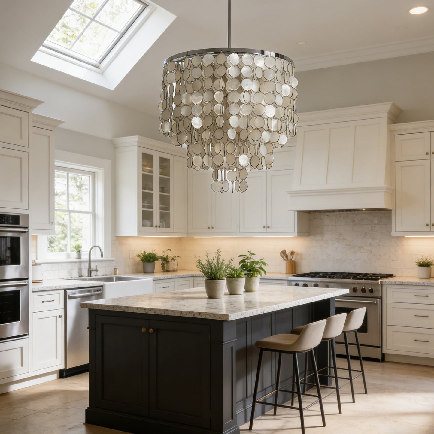 Tiered circular capiz shell chandelier angled view