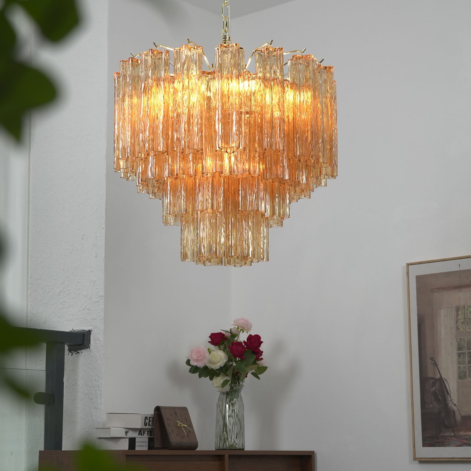 Amber Glass Rod Chandelier — Warm Cascade Radiance - LumoTrot