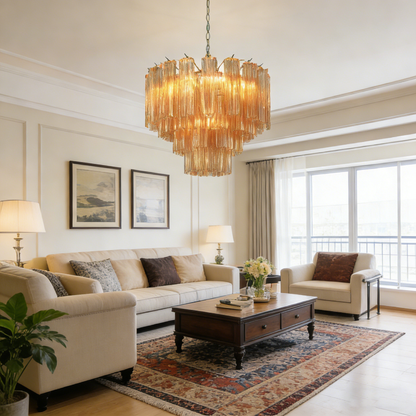 Living room ambiance enhanced by warm amber chandelier glow